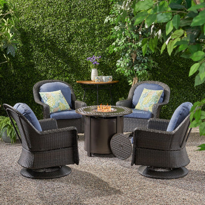 Linsten Outdoor 4 Seater Wicker Swivel Chair and Fire Pit Set