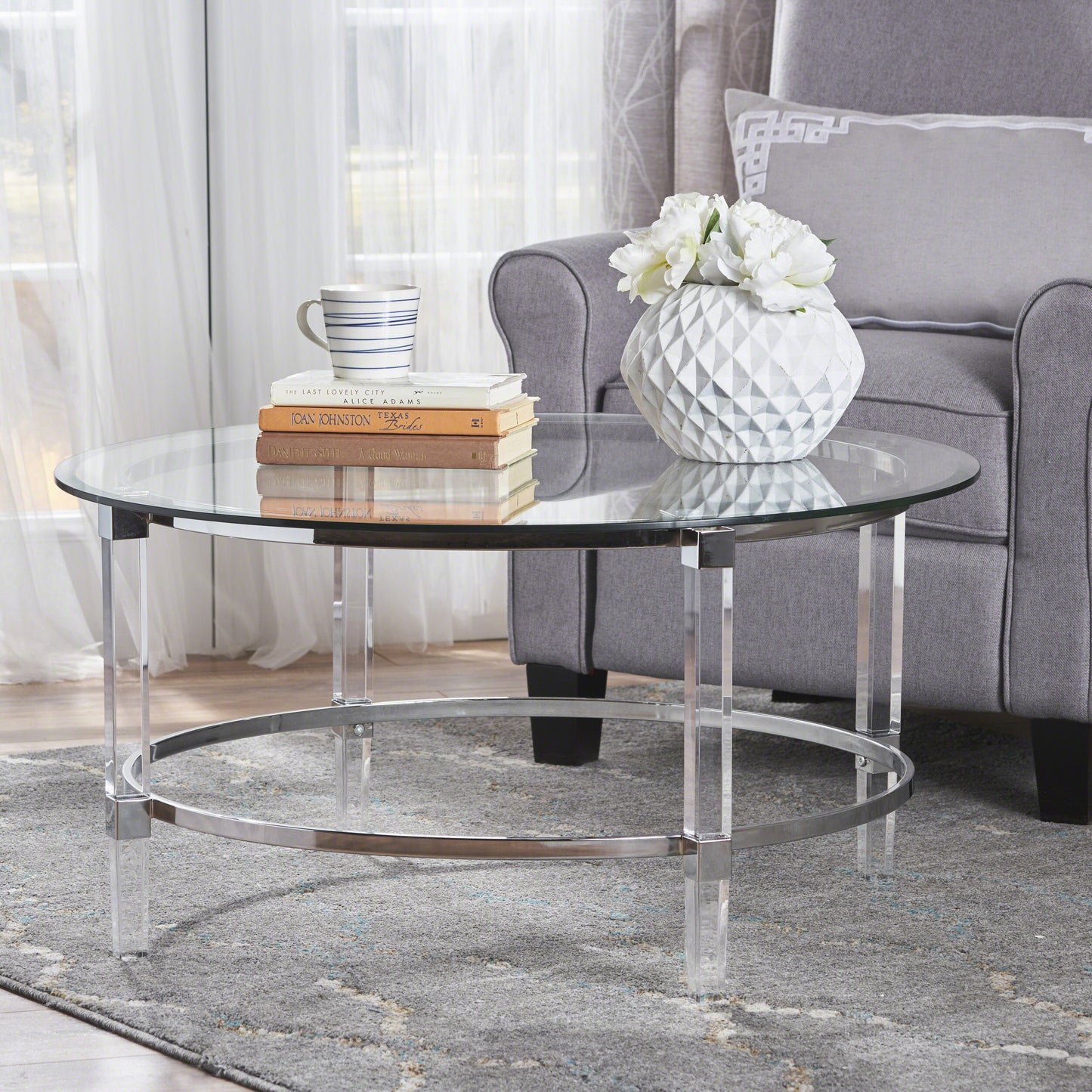 Lynn Modern Round Tempered Glass Coffee Table with Acrylic and Iron Accents