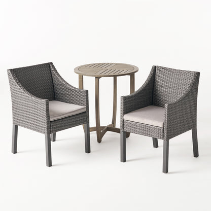 Matthew Outdoor 3 Piece Wood and Wicker Bistro Set, Gray and Gray