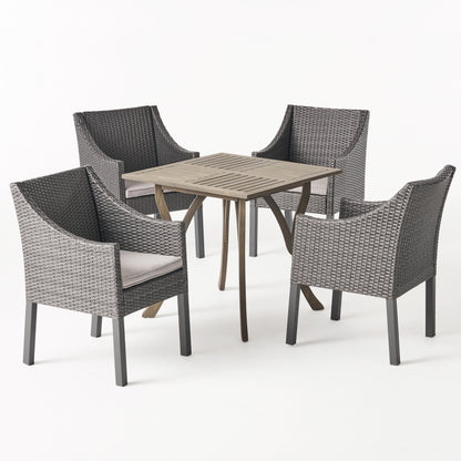 Marcy Outdoor 5 Piece Wood and Wicker Square Dining Set, Gray and Gray