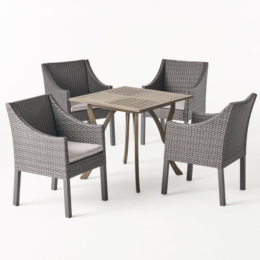 Marcy Outdoor 5 Piece Wood and Wicker Square Dining Set, Gray and Gray