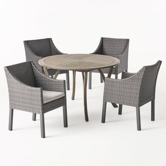 Tycie Outdoor 5 Piece Acacia Wood and Wicker Dining Set, Gray with Gray Chairs