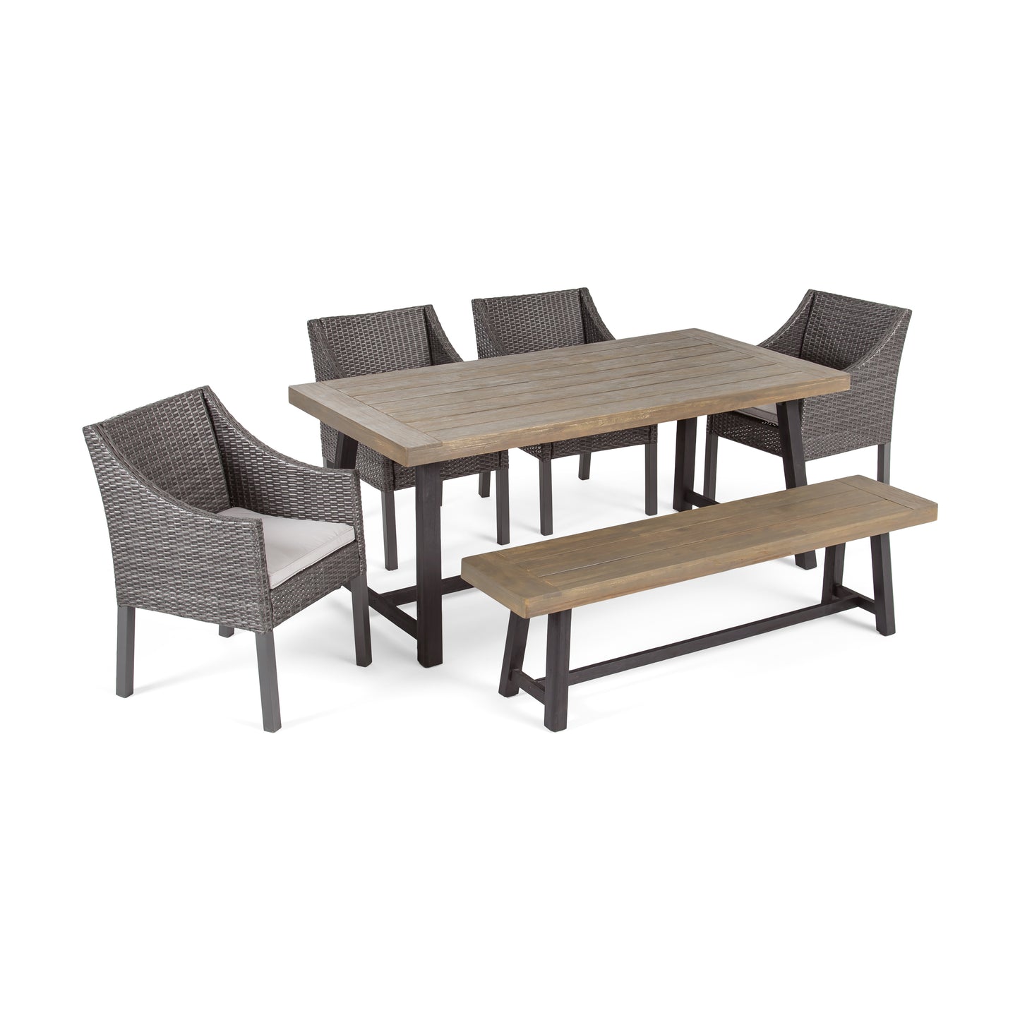 Anniston Outdoor 6 Piece Dining Set with Wicker Chairs and Bench