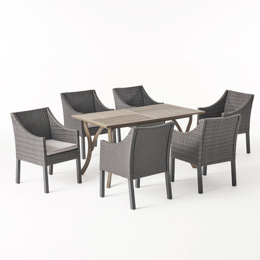 Temorah Outdoor 7 Piece Wood and Wicker Dining Set, Gray and Gray