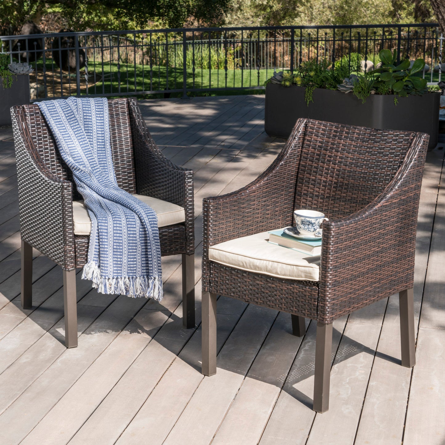 Antioch Outdoor Wicker Dining Chairs with Water Resistant Cushions (Set of 2)