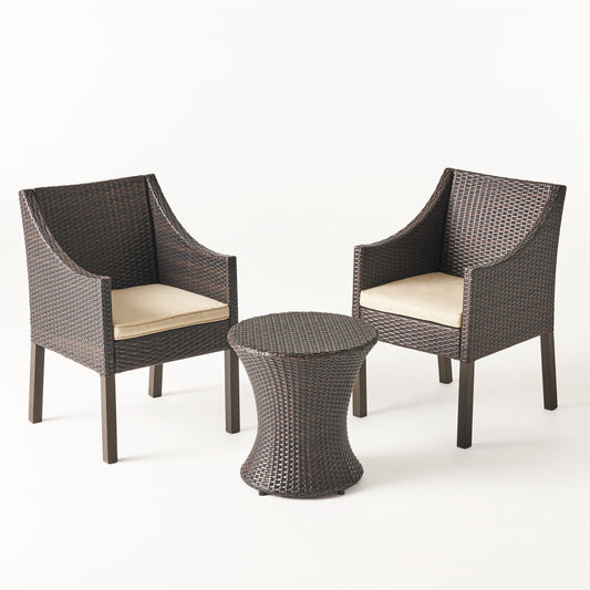 Janet Outdoor 3 Piece Wicker Chat Set, Multibrown with Beige Cushions