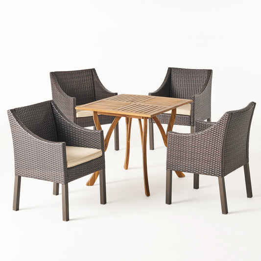 Marcy Outdoor 5 Piece Acacia Wood/ Wicker Dining Set with Cushions, Teak Finish and Multibrown with Beige