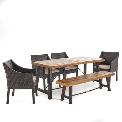 Bossad Outdoor 6 Piece Acacia Wood Dining Set with Wicker Dining Chairs