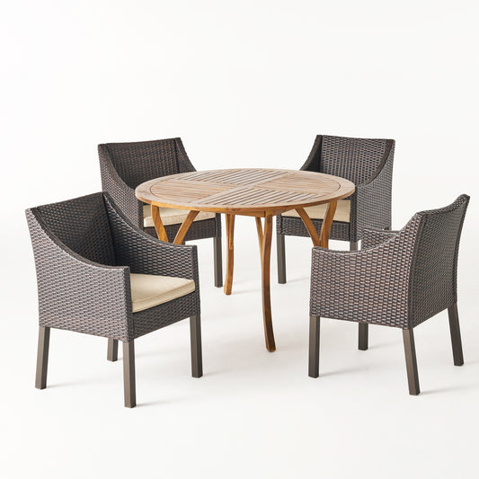 Tycie Outdoor 5 Piece Acacia Wood and Wicker Dining Set, Teak with Multi Brown Chairs