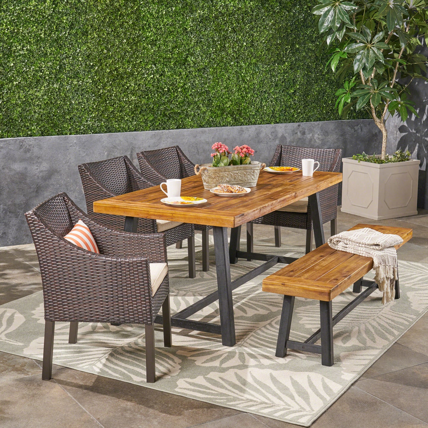 Kane Outdoor 6 Piece Dining Set with Wicker Chairs and Bench, Sandblast Teak and Multi Brown and Beige