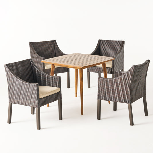 Lauryn Outdoor 5 Piece Wood and Wicker Dining Set, Teak and Multi Brown