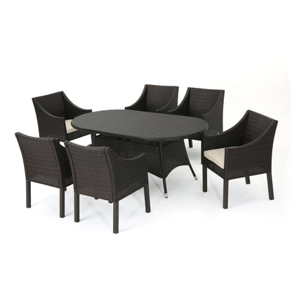 Frances Outdoor 7 Piece Wicker Oval Dining Set with Water Resistant Cushions