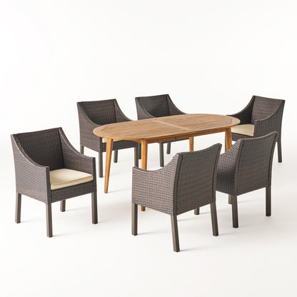 Stanford Outdoor 7-Piece Acacia Wood Dining Set with Wicker Chairs