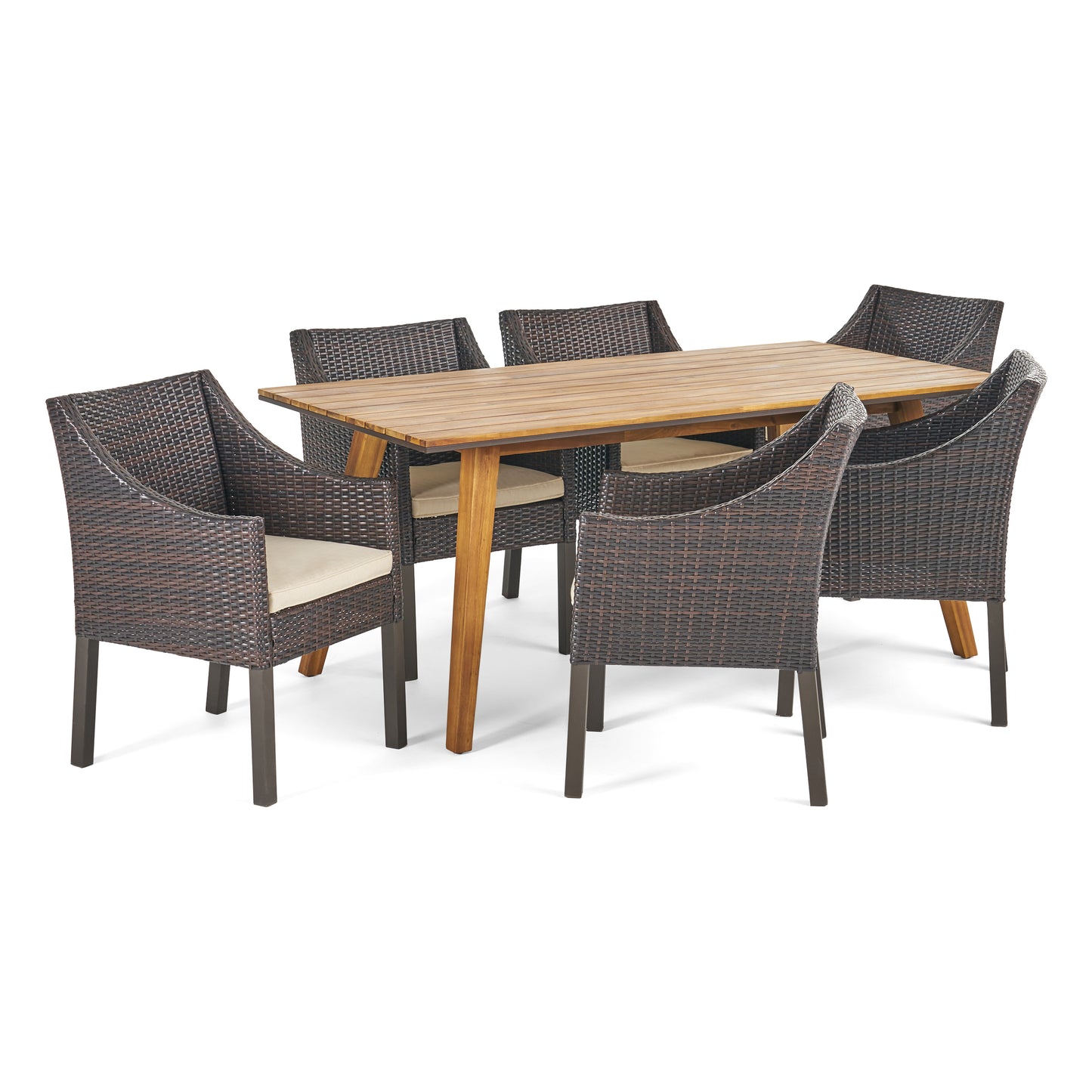 Hedy Outdoor 7 Piece Acacia Wood Dining Set with Wicker Chairs, Teak and Multi Brown and Beige