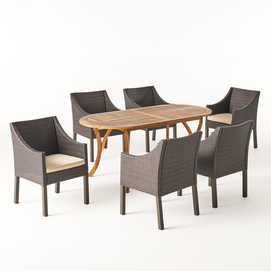 Joan Outdoor 7 Piece Acacia Wood and Wicker Dining Set, Teak with Multi Brown Chairs
