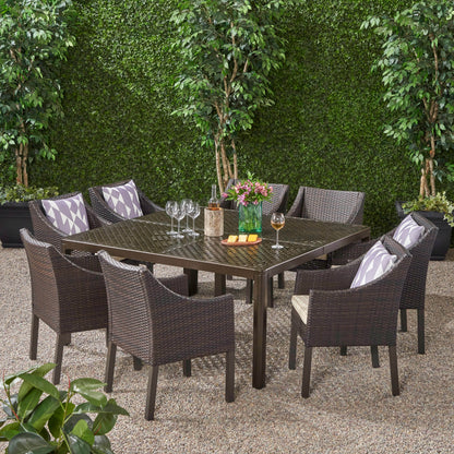 Megan Outdoor Aluminum and Wicker 8 Seater Dining Set