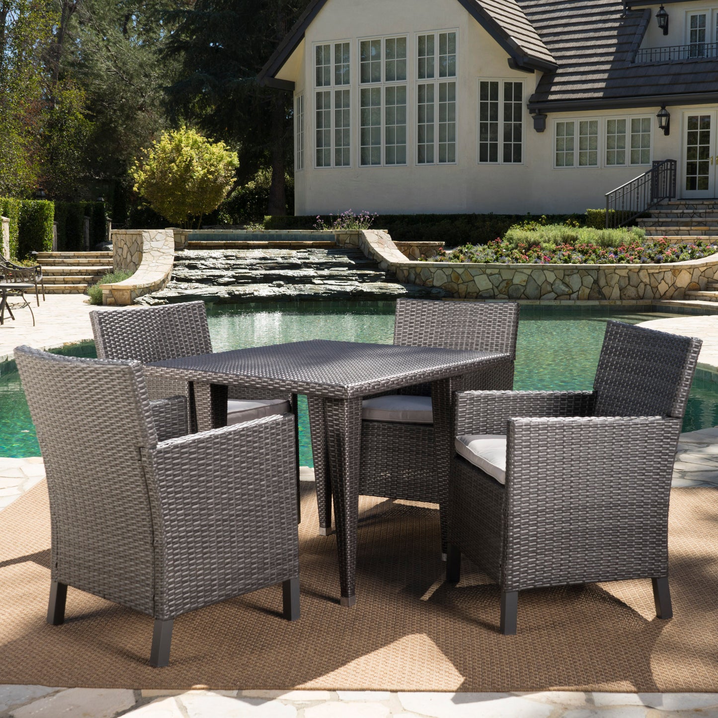 Cerrenne Outdoor 5 Piece Wicker Dining Set with Water Resistant Cushions