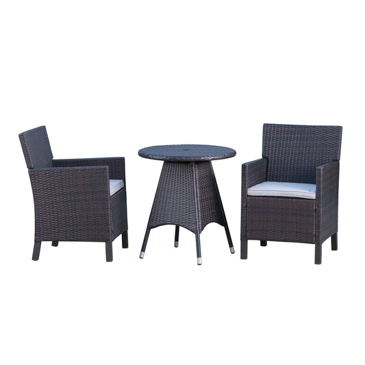 Shiny Outdoor 3 Piece Multibrown Wicker Round Dining Set with Light Brown Water Resistant Cushions
