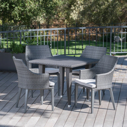 Lenny Outdoor 5 Piece Gray Wicker Dining Set with Water Resistant Cushions