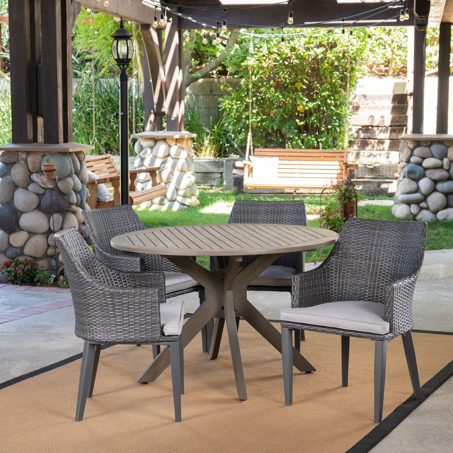 Linsey Outdoor 5 Piece Wood and Wicker Dining Set, Gray and Gray