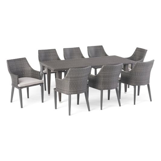 Lenorde Outdoor 9 Piece Wicker Rectangular Dining Set with Water Resistant Cushions
