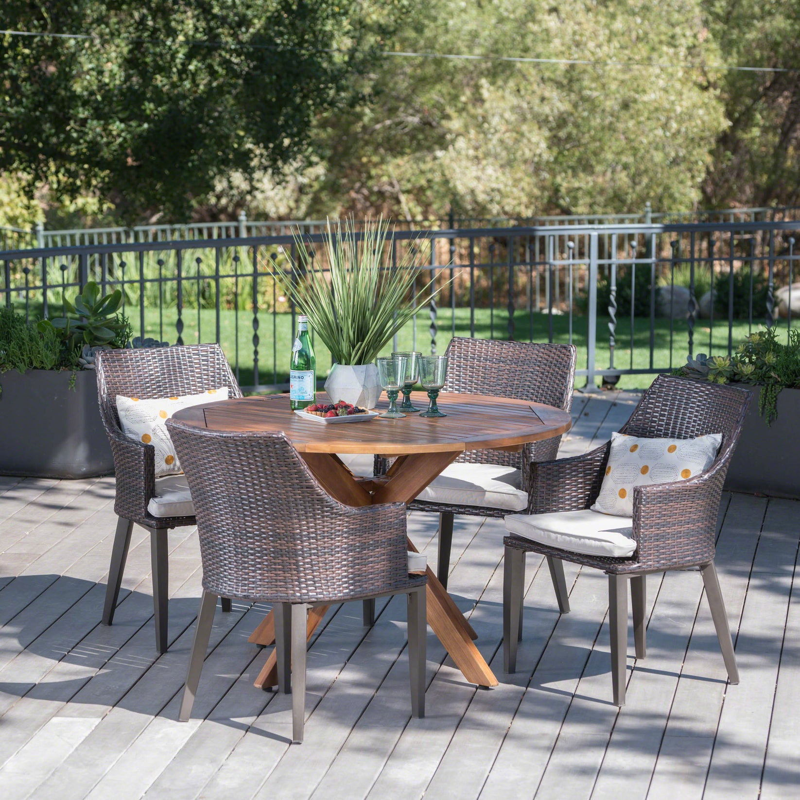 Ryanne Outdoor 5 Piece Multi-brown Wicker Round Dining Set – GDFStudio
