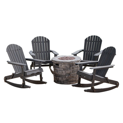 Belfast Outdoor Acacia Wood 5 Piece Adirondack Rocking Chair and Fire Pit Set