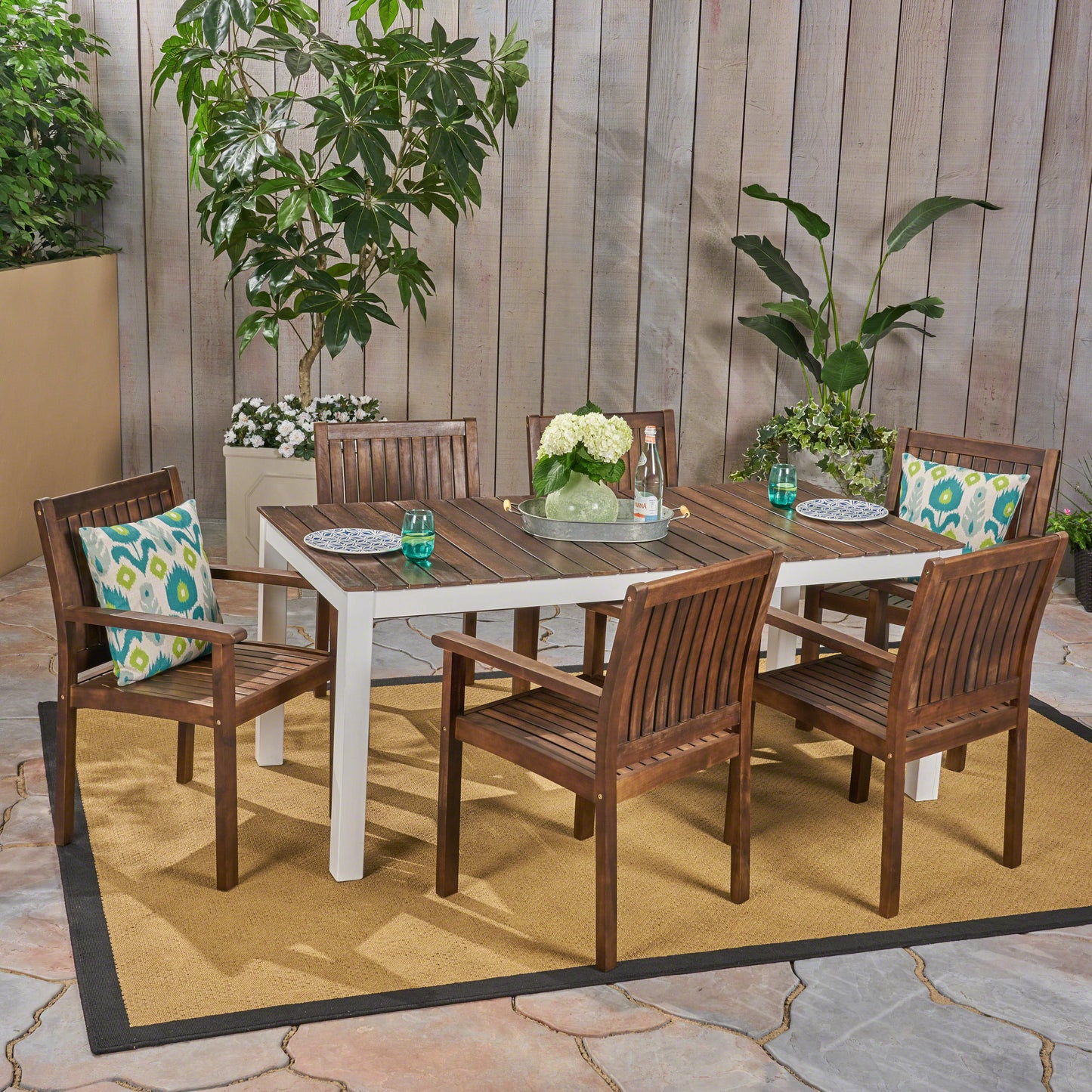 Noe Outdoor 7-Piece Acacia Wood Dining Set, Dark Brown and White