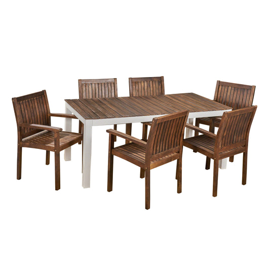 Noe Outdoor 7-Piece Acacia Wood Dining Set, Dark Brown and White
