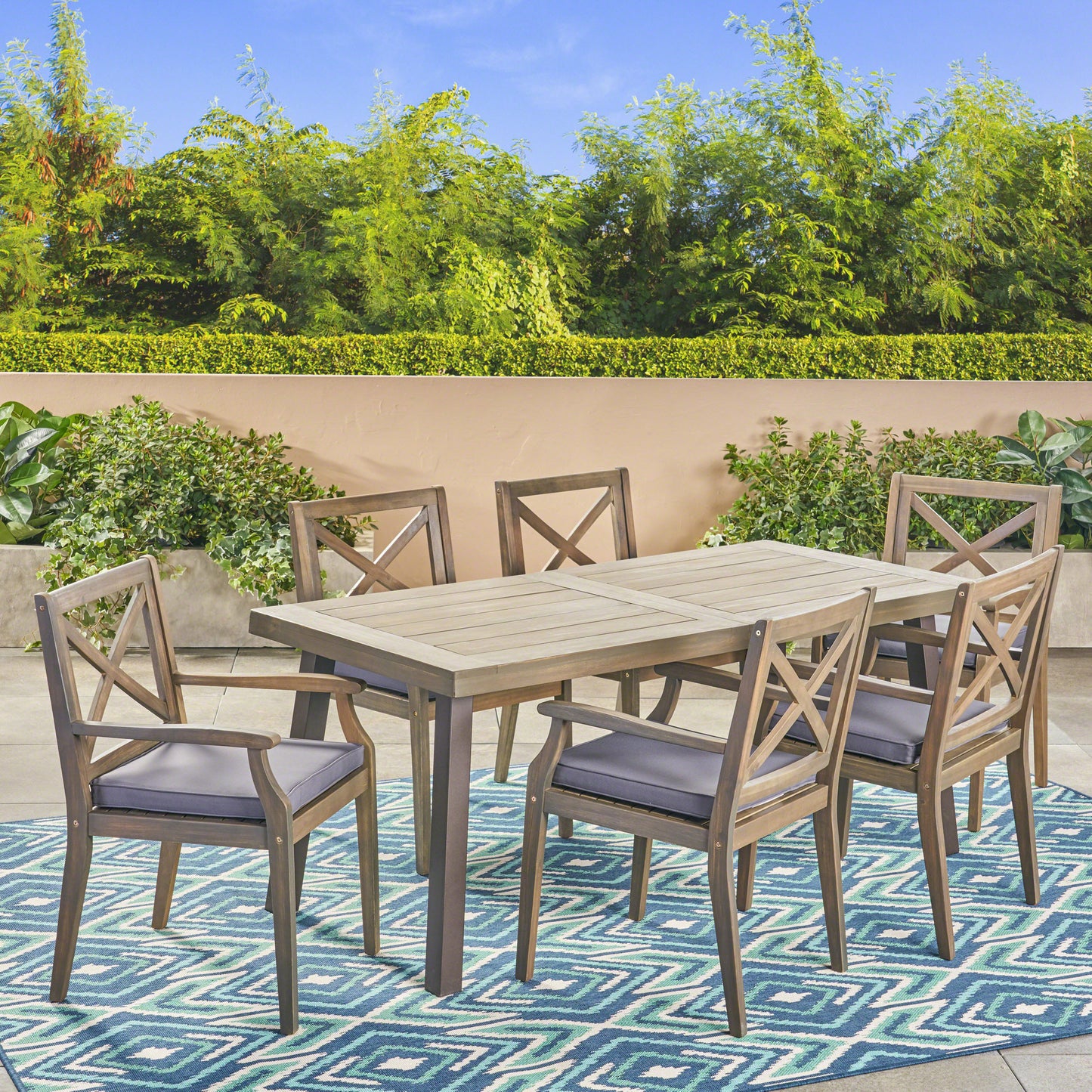 Justin Outdoor Farmhouse Slat-Top 7 Piece Acacia Wood Dining Set with Cushions
