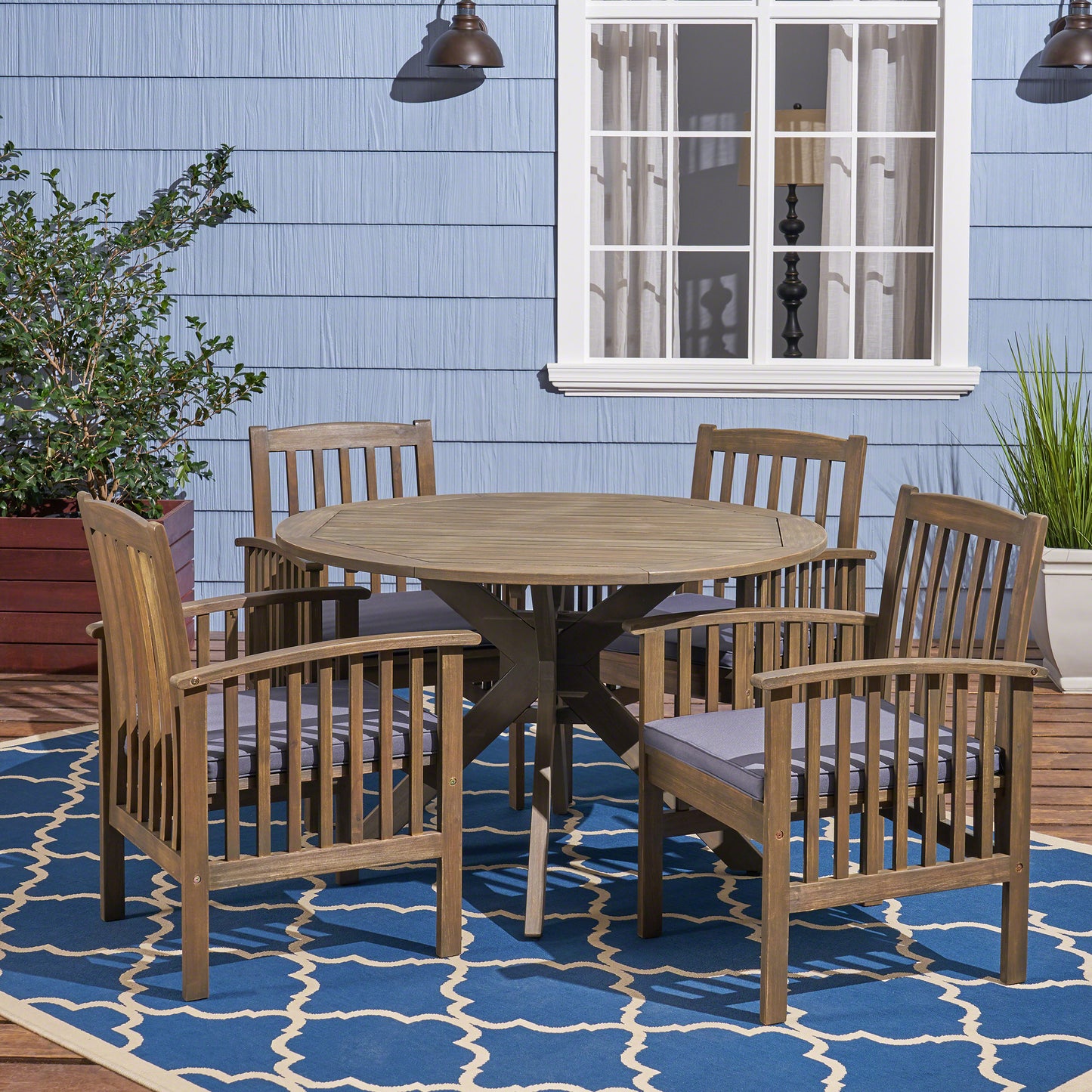 Phoenix Outdoor Acacia 4-Seater Dining Set with Cushions and 47" Round Table with X-Legs