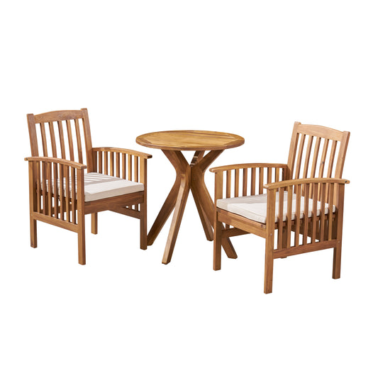 Phoenix Outdoor Acacia 2-Seater Bistro Set with Cushions and 28" Round Table with X-Legs