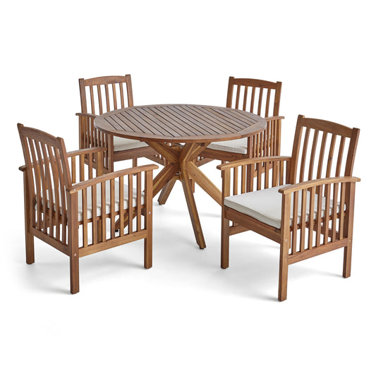 Phoenix Outdoor Acacia 4-Seater Dining Set with Cushions and 47" Round Table with X-Legs