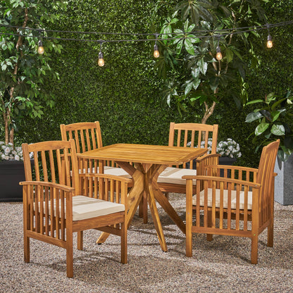 Phoenix Outdoor Acacia 4-Seater Dining Set with Cushions and 36" Square Table with X-Legs