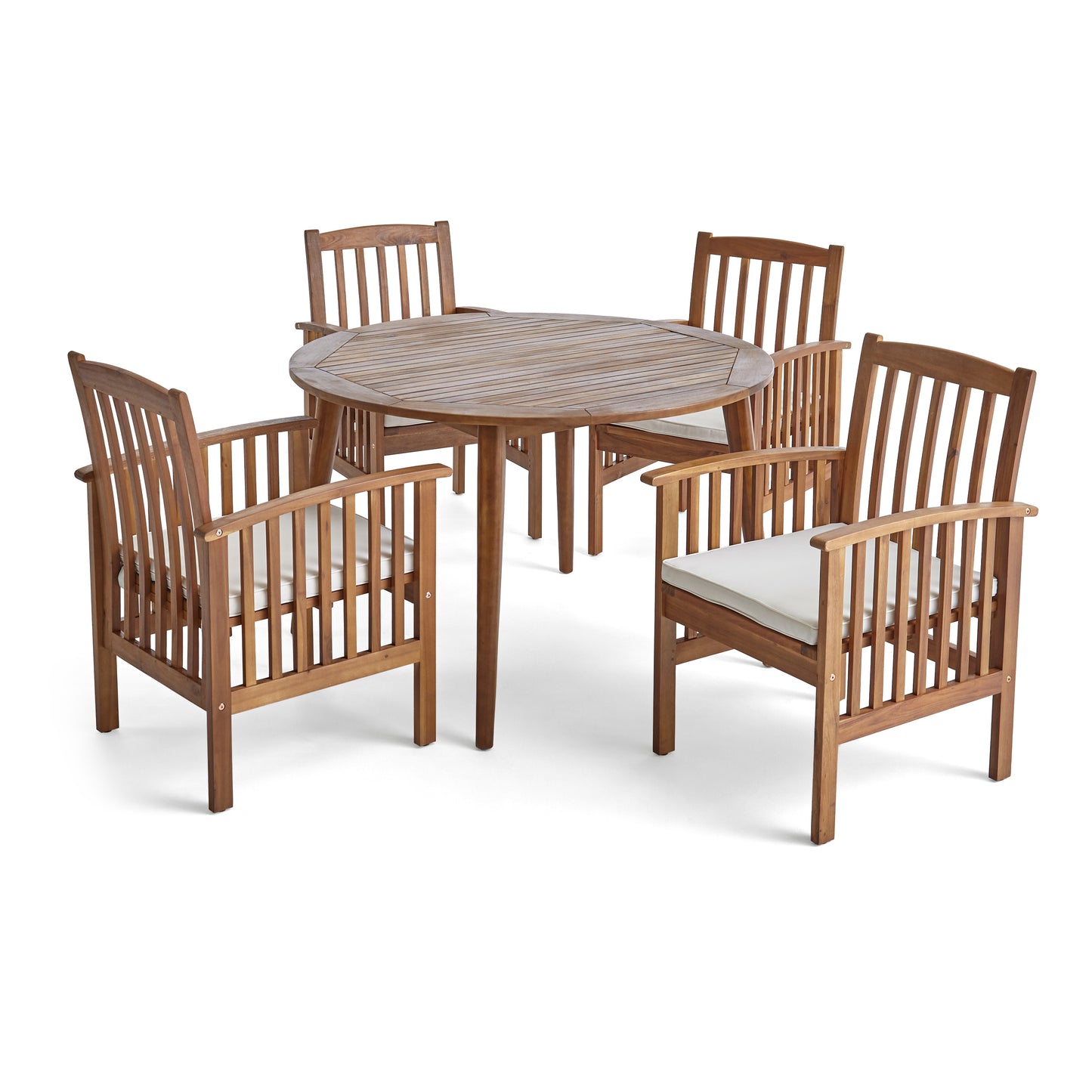 Phoenix Outdoor Acacia 4-Seater Dining Set with Cushions and 47" Round Table with Straight Legs