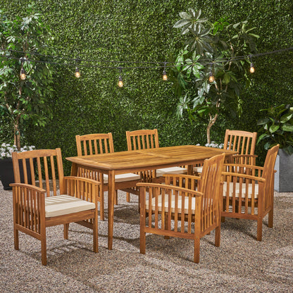 Phoenix Outdoor Acacia 6-Seater Dining Set with Cushions and 71" Rectangular Table with Straight Legs