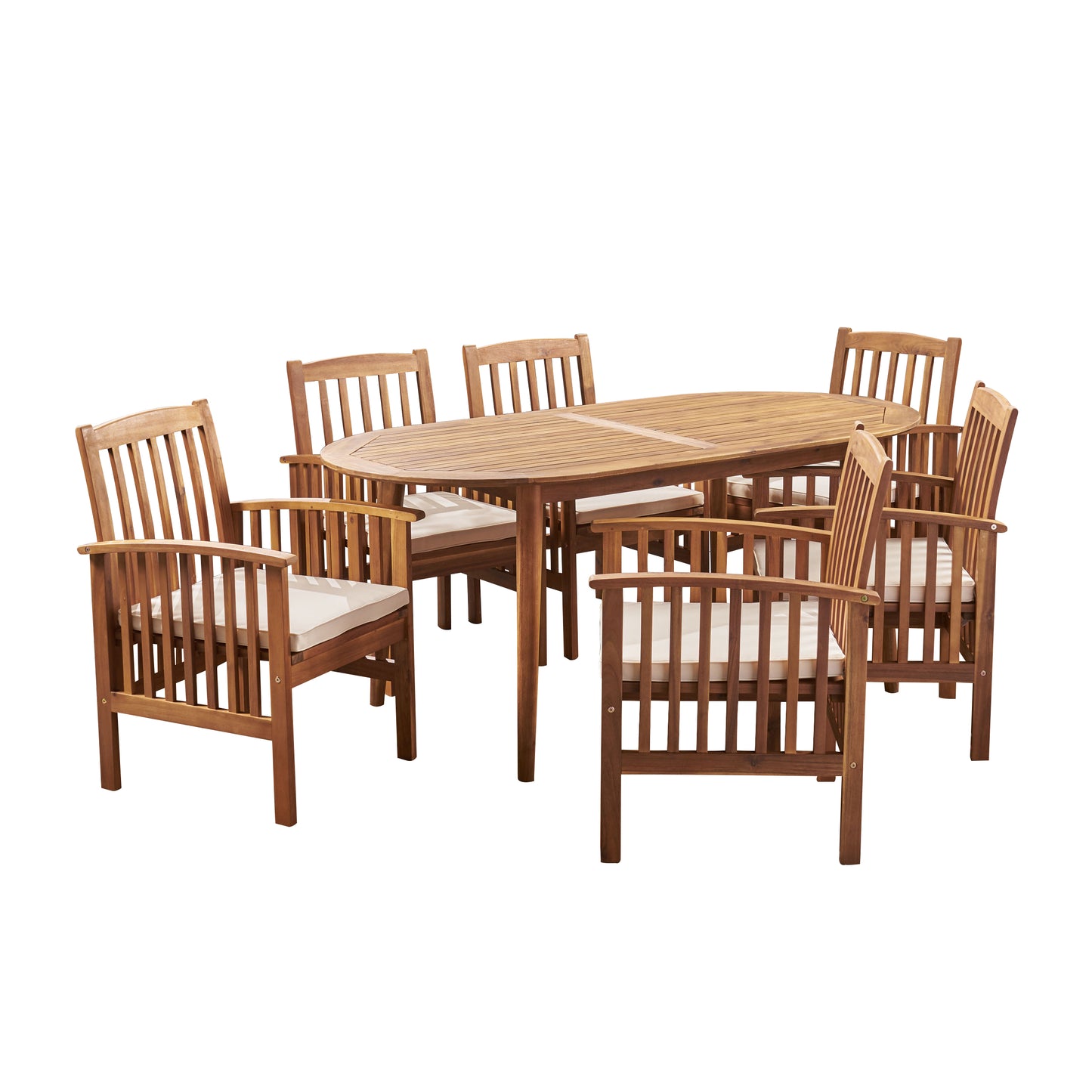 Phoenix Outdoor Acacia 6-Seater Dining Set with Cushions and 71" Oval Table with Straight Legs