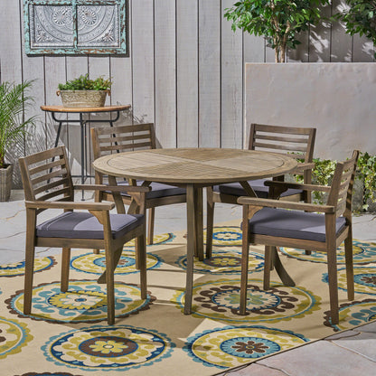 Phoenix Outdoor Acacia 4-Seater Dining Set with Cushions and 47" Round Table with Carved Legs