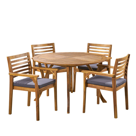 Phoenix Outdoor Acacia 4-Seater Dining Set with Cushions and 47" Round Table with Carved Legs