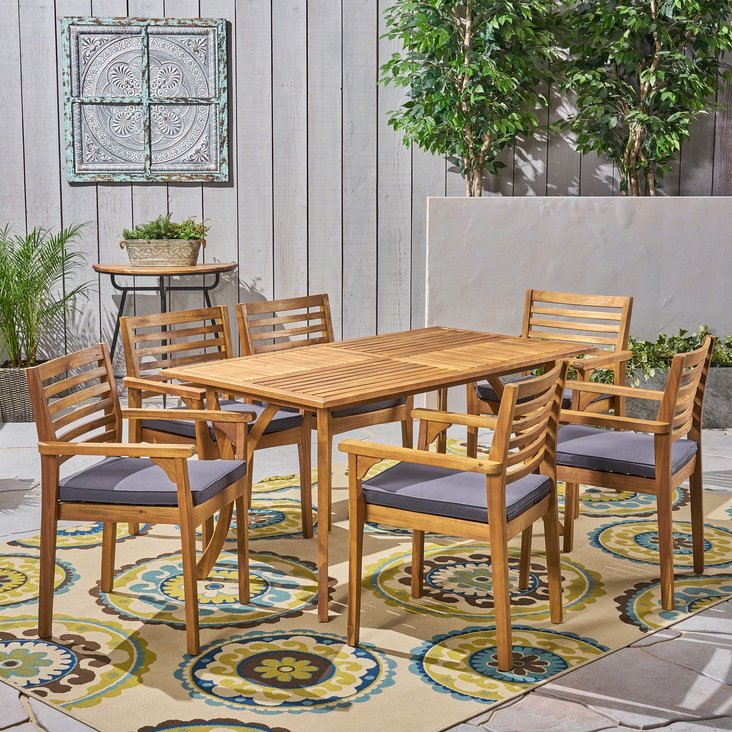 Phoenix Outdoor Acacia 6-Seater Dining Set with Cushions and 59" Rectangular Table with Carved Legs