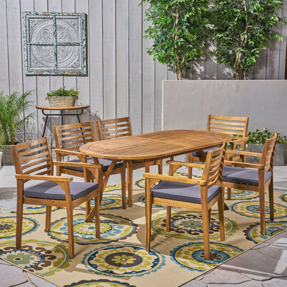 Phoenix Outdoor Acacia 6-Seater Dining Set with Cushions and 70" Oval Table with Carved Legs