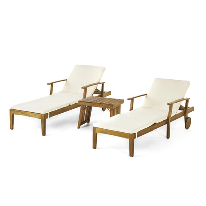 Capri Outdoor Acacia Wood 3 Piece Chaise Lounge Set with Water-Resistant Cushions