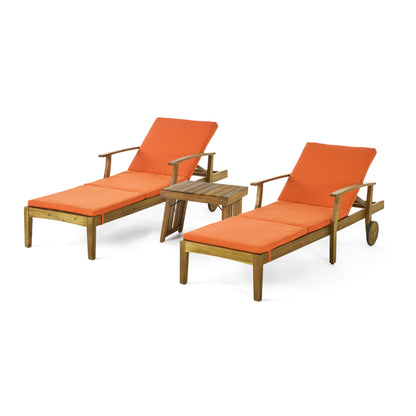 Capri Outdoor Acacia Wood 3 Piece Chaise Lounge Set with Water-Resistant Cushions