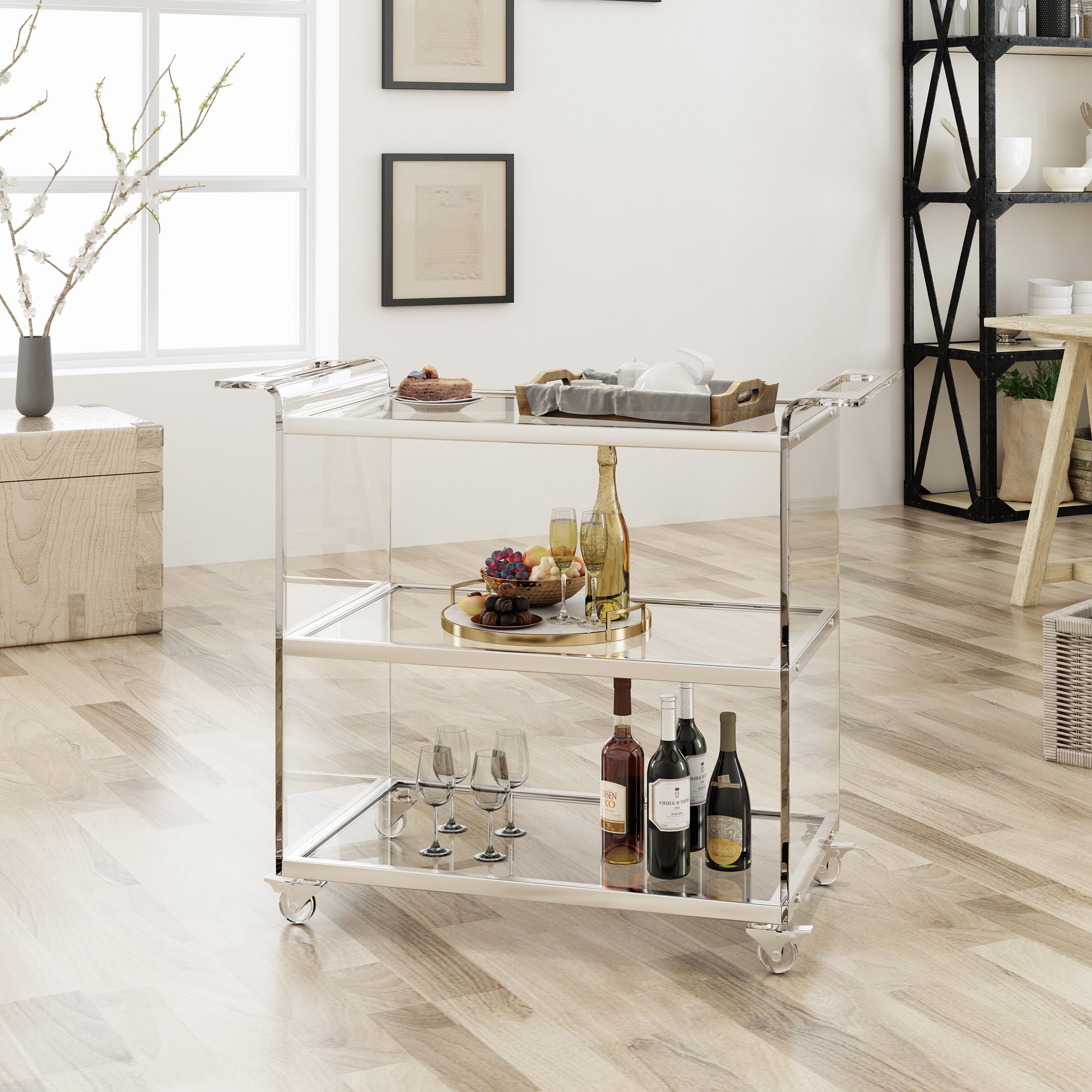 Eve Acrylic Bar Trolley with Glass Shelves, Clear – GDFStudio