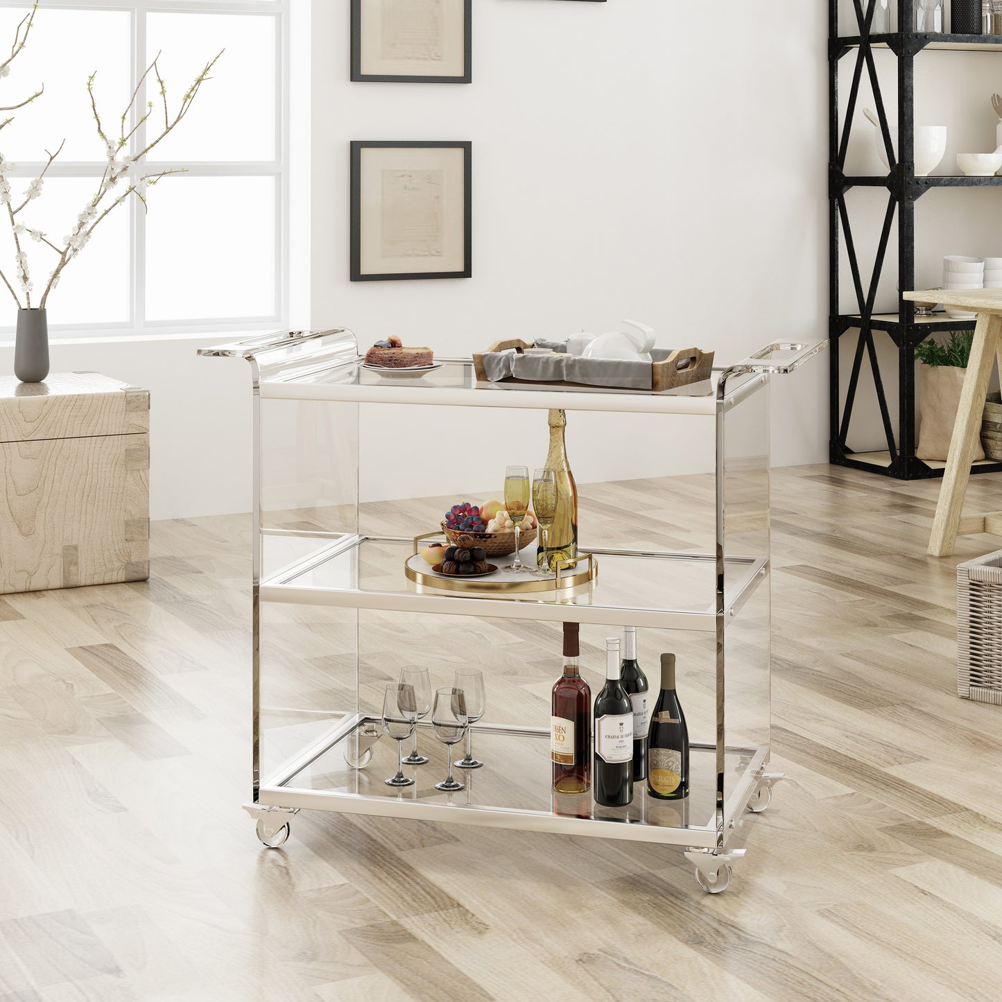 Eve Acrylic Bar Trolley with Glass Shelves, Clear