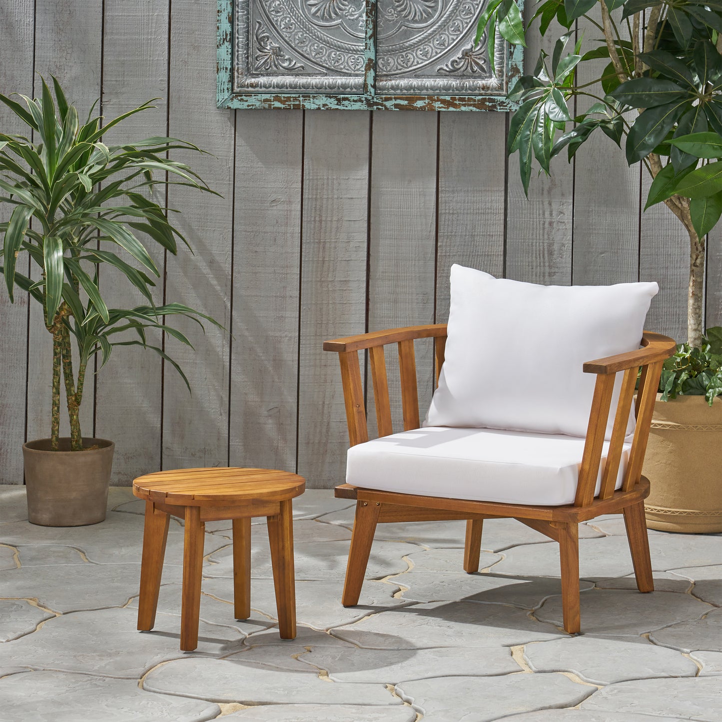 Murray Outdoor Acacia Wood Club Chair and Side Table Set