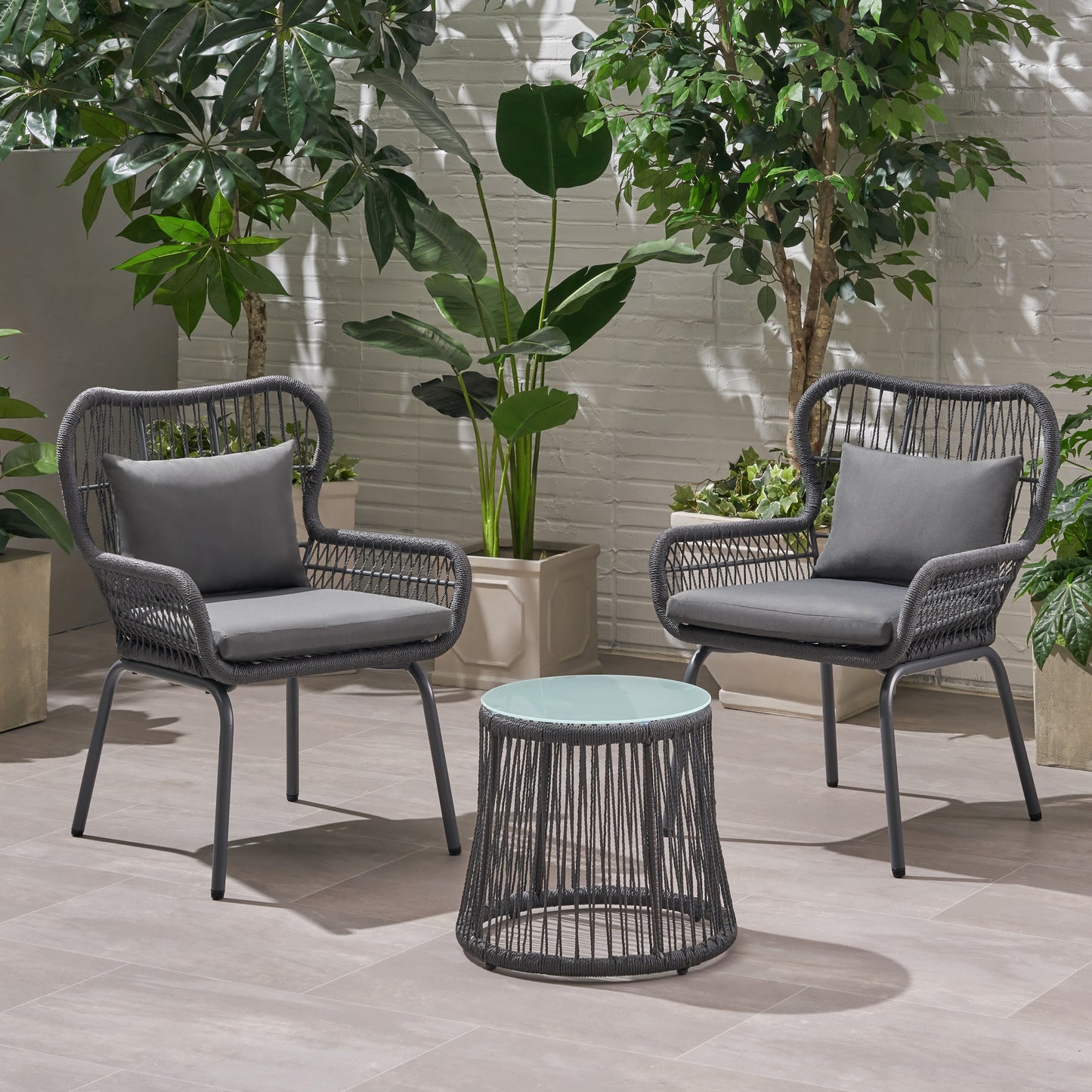Karen Patio Conversation Set, 2-Seater with Accent Table, Iron and Rope with Water-Resistant Cushions