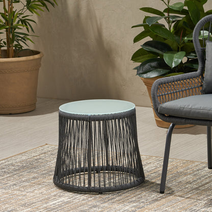 Karen Outdoor Side Table, Steel and Rope, Tempered Glass Table Top, Boho