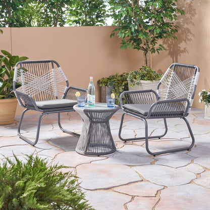 Connie Outdoor 3 Piece Rope and Steel Chat Set, Gray Finish and White