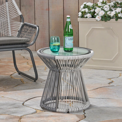 Aiden Outdoor Faux Rattan Side Table with Glass Top
